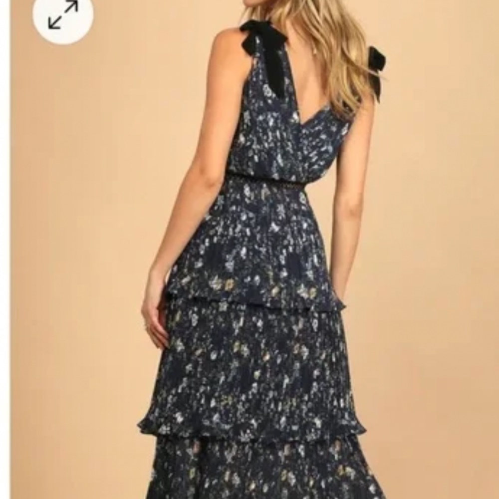Lulus blue Floral Pleated Tiered tie sleeve Sophistication Dress Formal Wedding